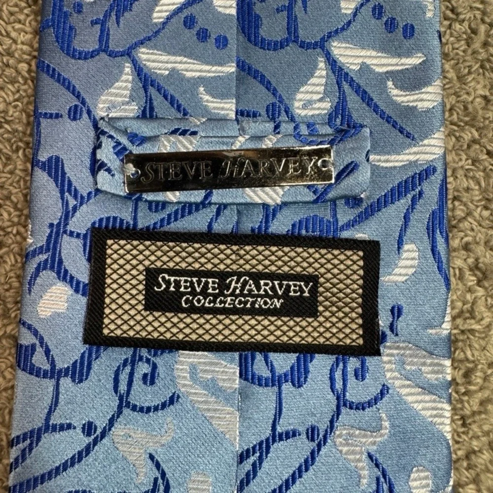 Steve Harvey Collection Mens Silk Tie Blue White Floral Scroll Paisley Handmade